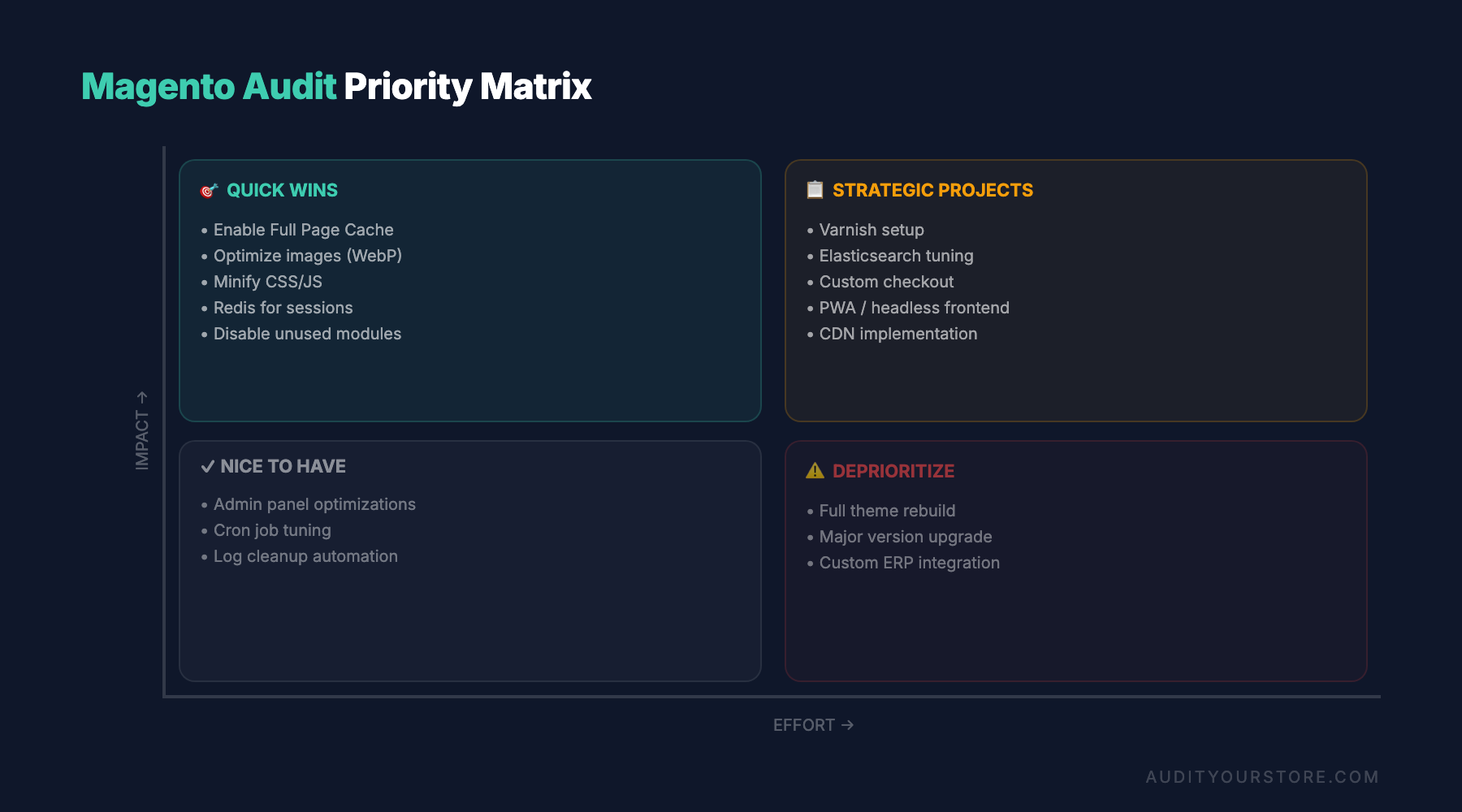 Magento store audit effort versus impact priority optimization matrix 3
