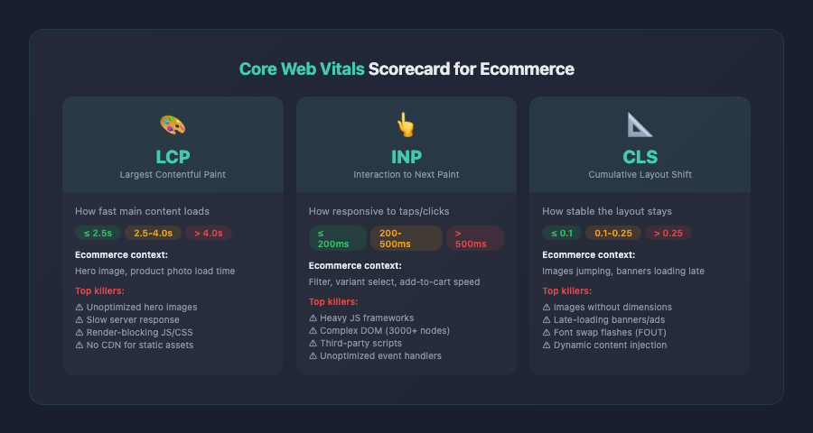 site speed optimization Core Web Vitals LCP INP CLS scorecard 1