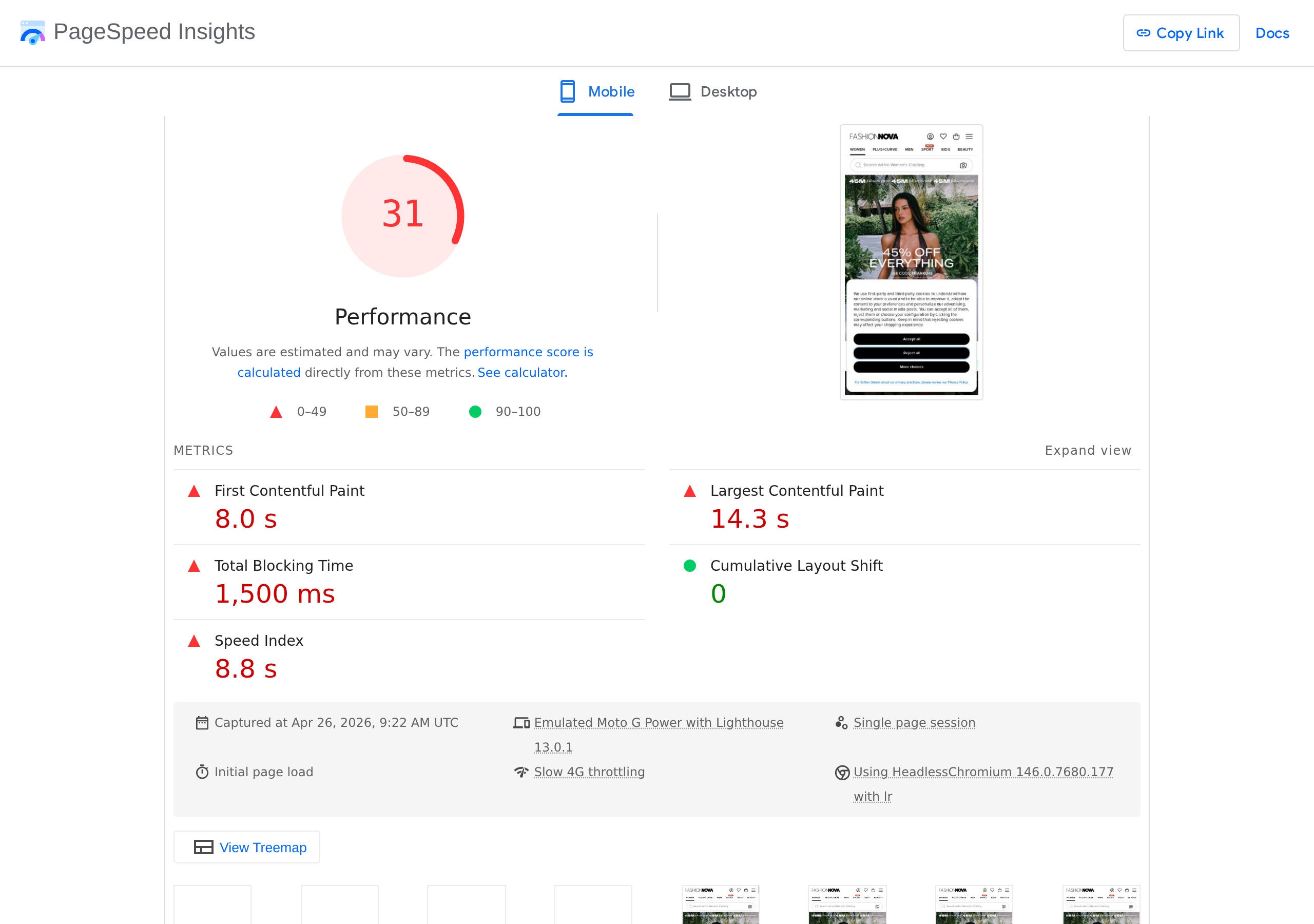 Google PageSpeed Insights showing Fashion Nova scoring 31 on mobile